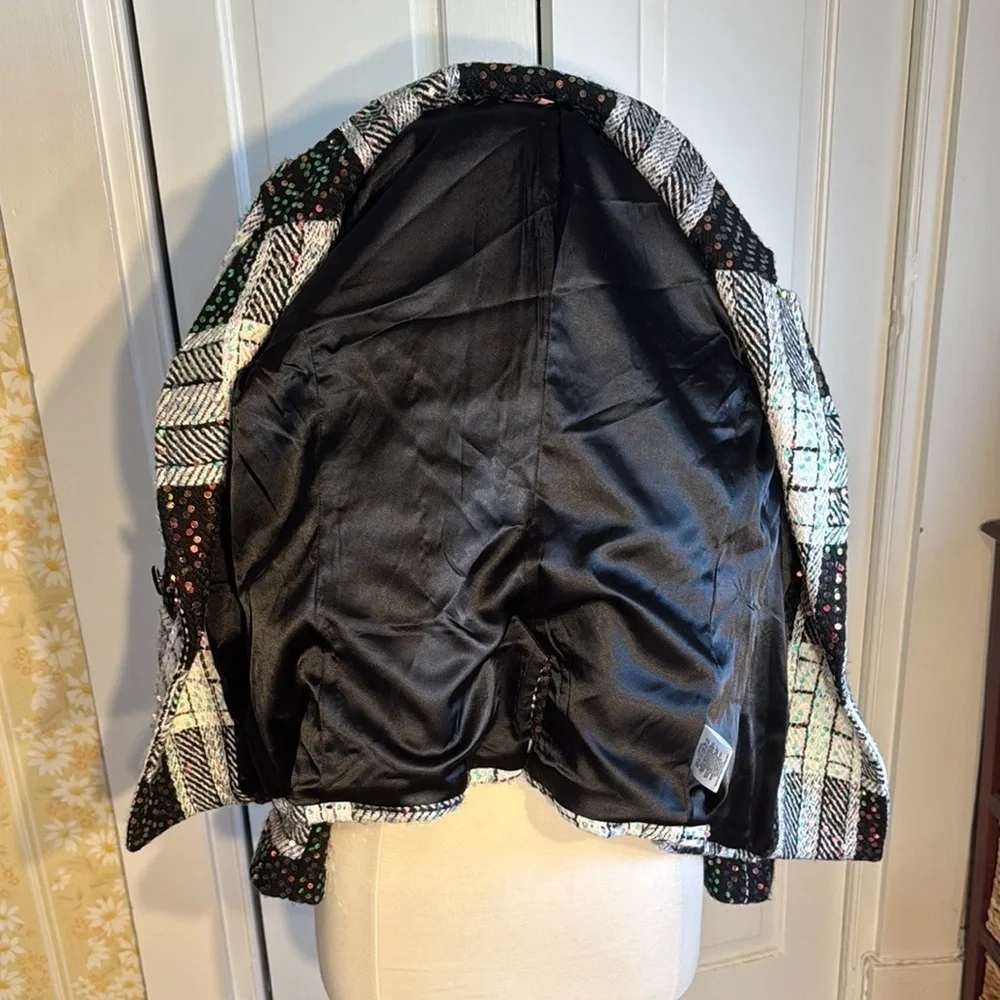 Gorgeous NWT Eva Franco Women's Black and White Sequined Tweed Jacket Lined - Picture 10 of 15